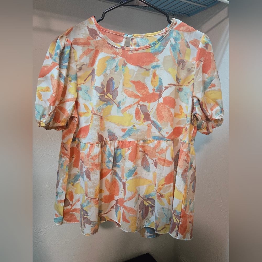 SHEIN Orange Blouse with Peter Pan Collar and Ruffled Short Sleeves